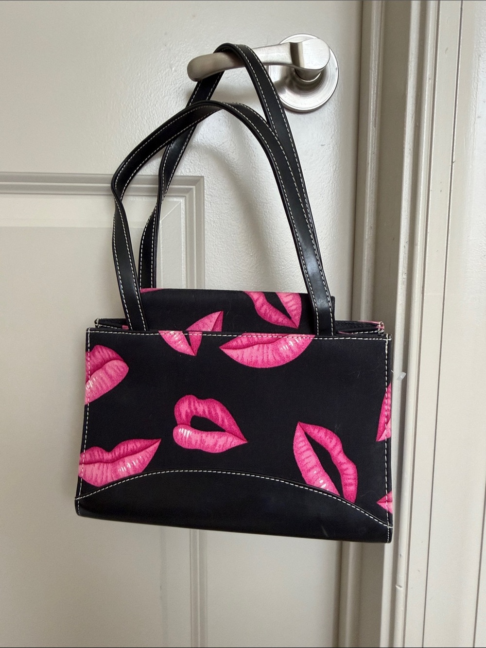 Black Tote Bag with Pink Lip Print